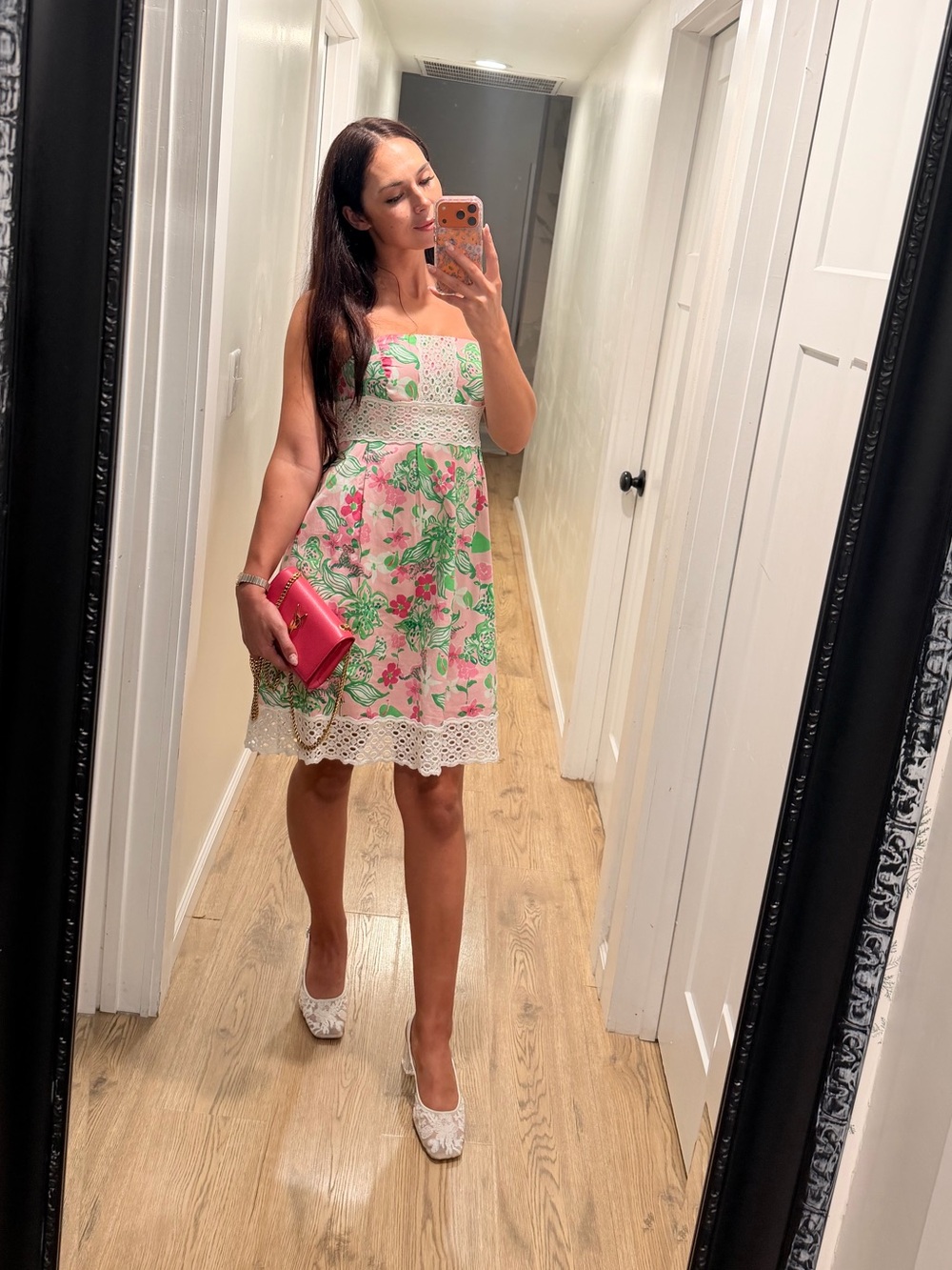 Lilly Pulitzer Pink & Green Strapless Floral Mini Dress with Lace Trim